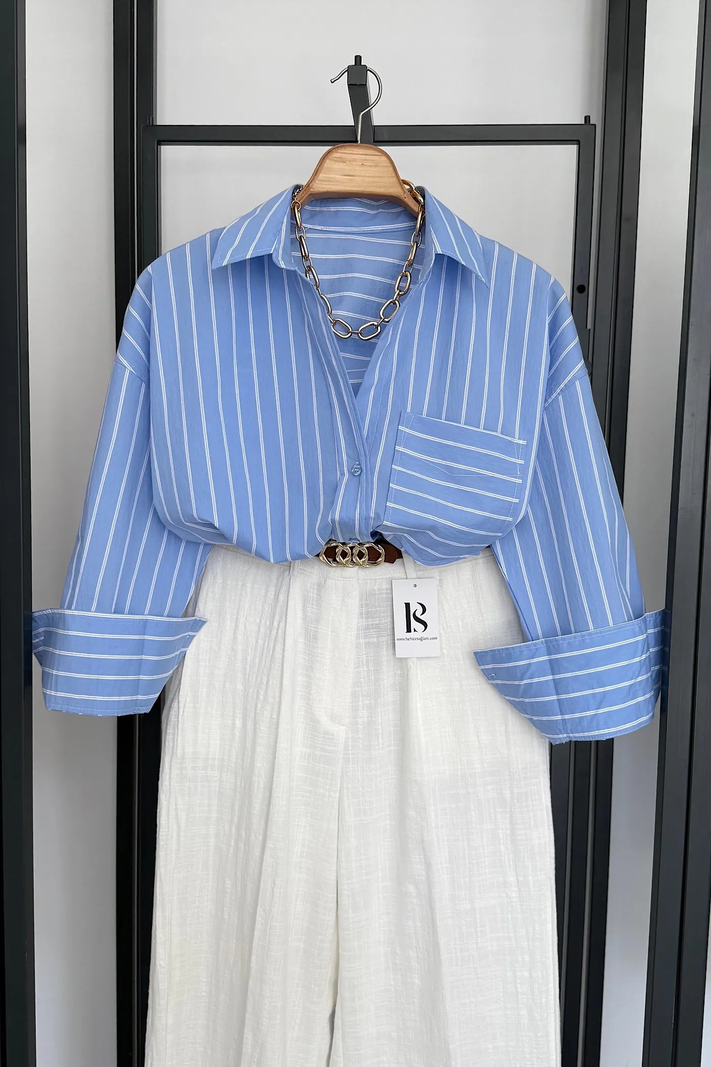 Striped Oversize Poplin Shirt Blue