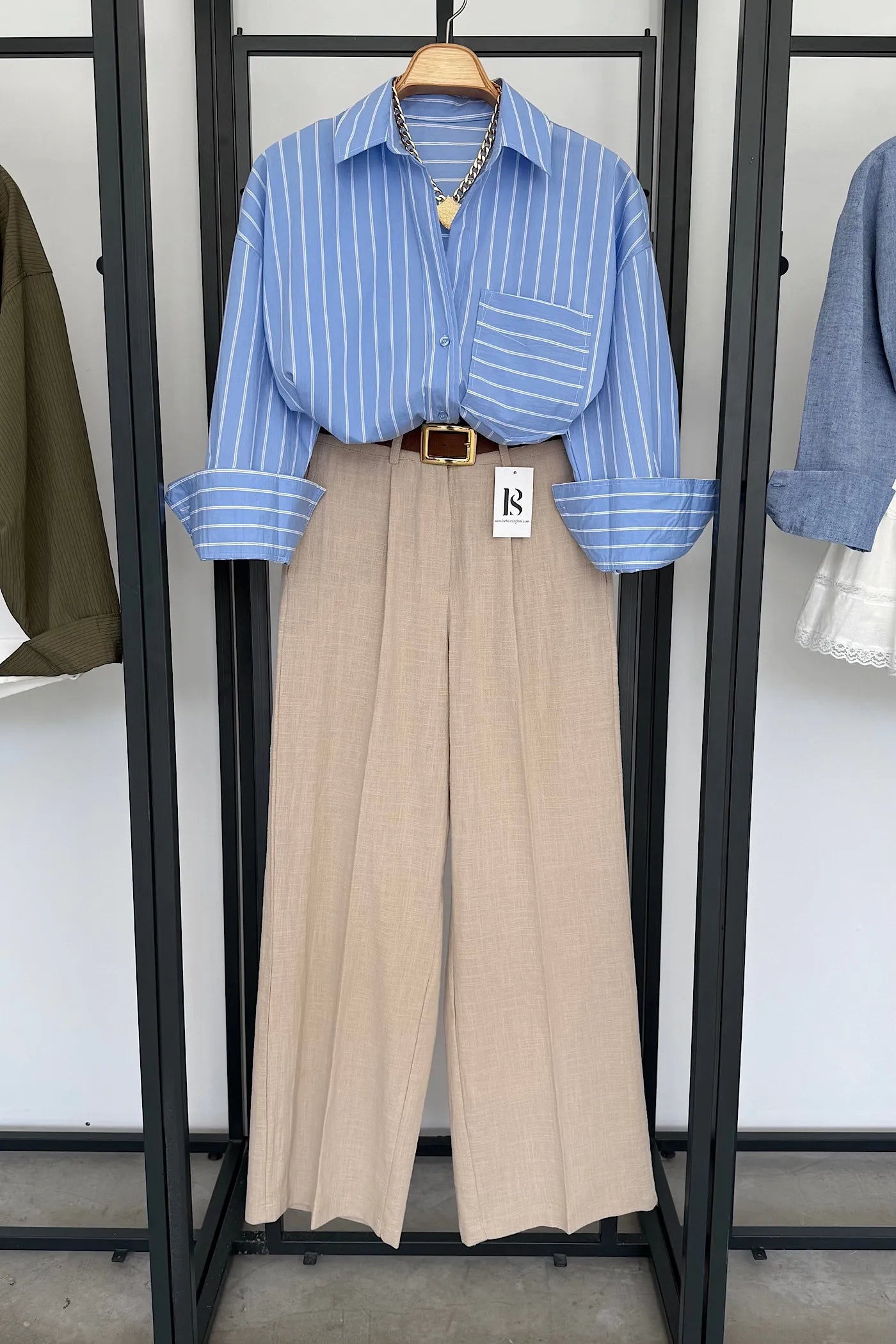 Striped Oversize Poplin Shirt Blue