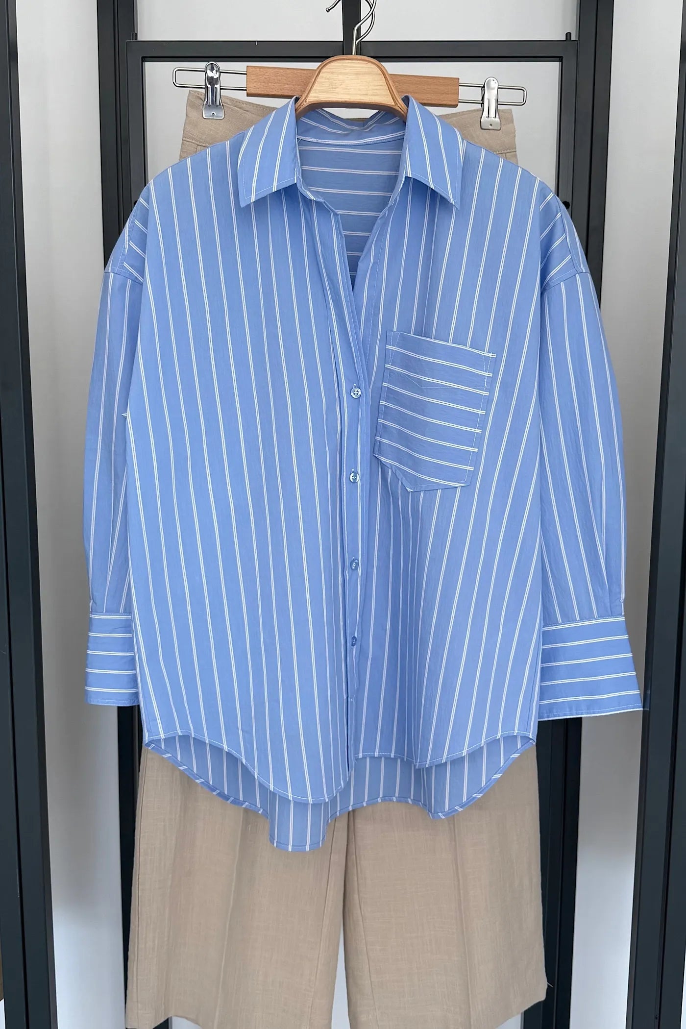 Striped Oversize Poplin Shirt Blue