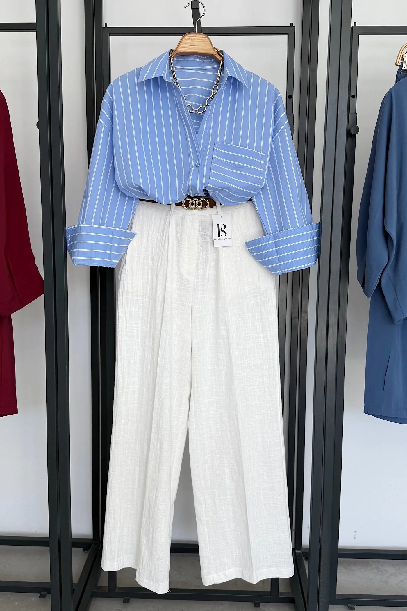 Striped Oversize Poplin Shirt Blue