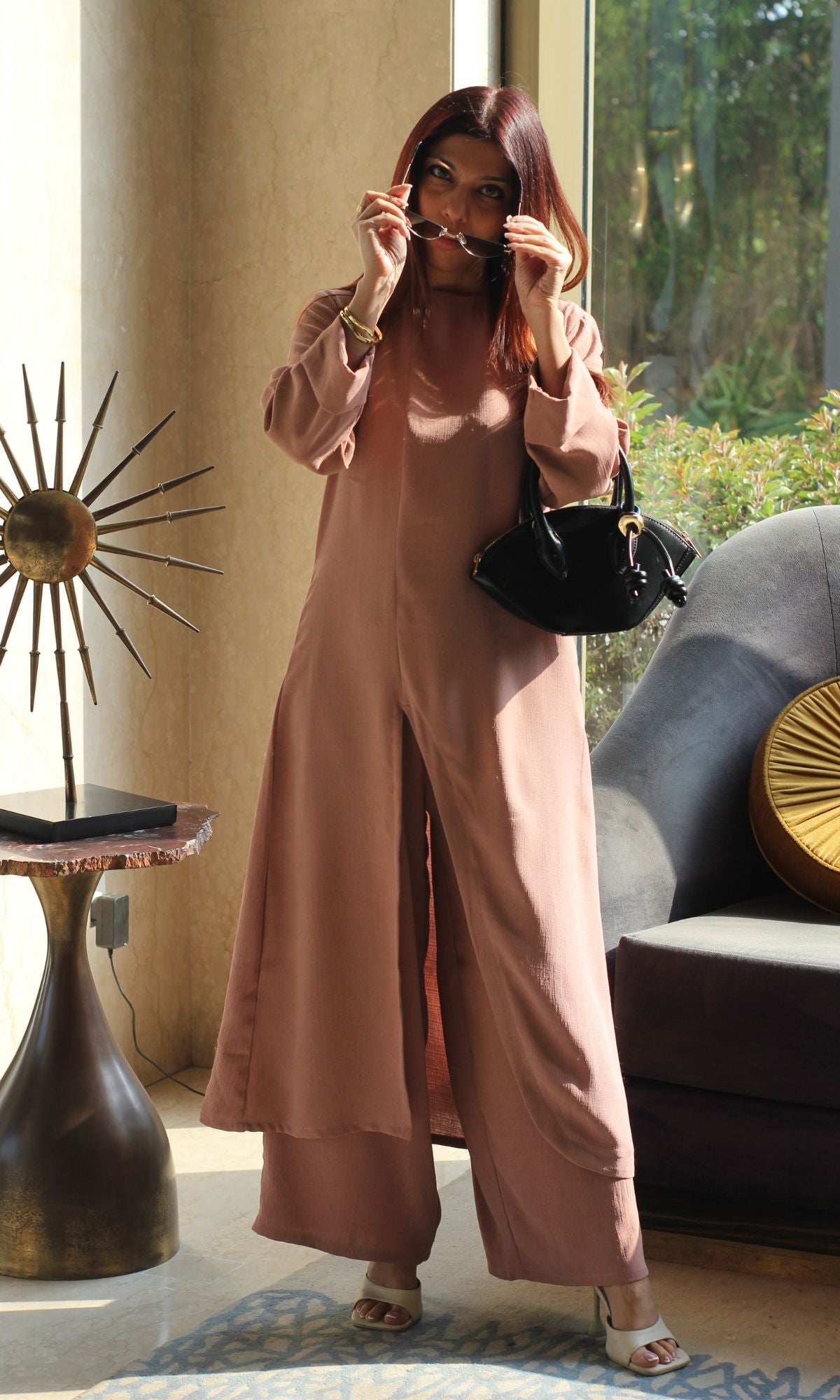 Dusty Rose High Neck Front Slit Textured Co-ord