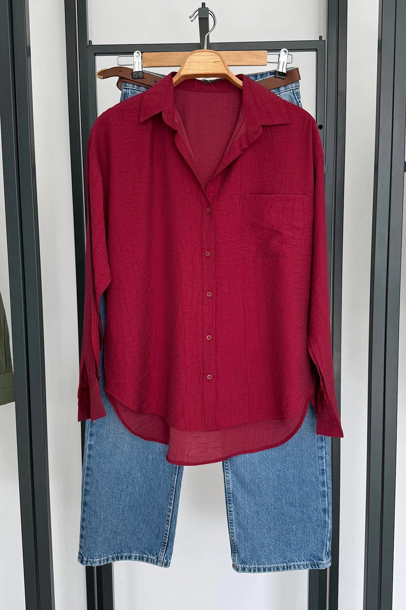 Wrinkle-Textured Shirt Maroon Burgundy