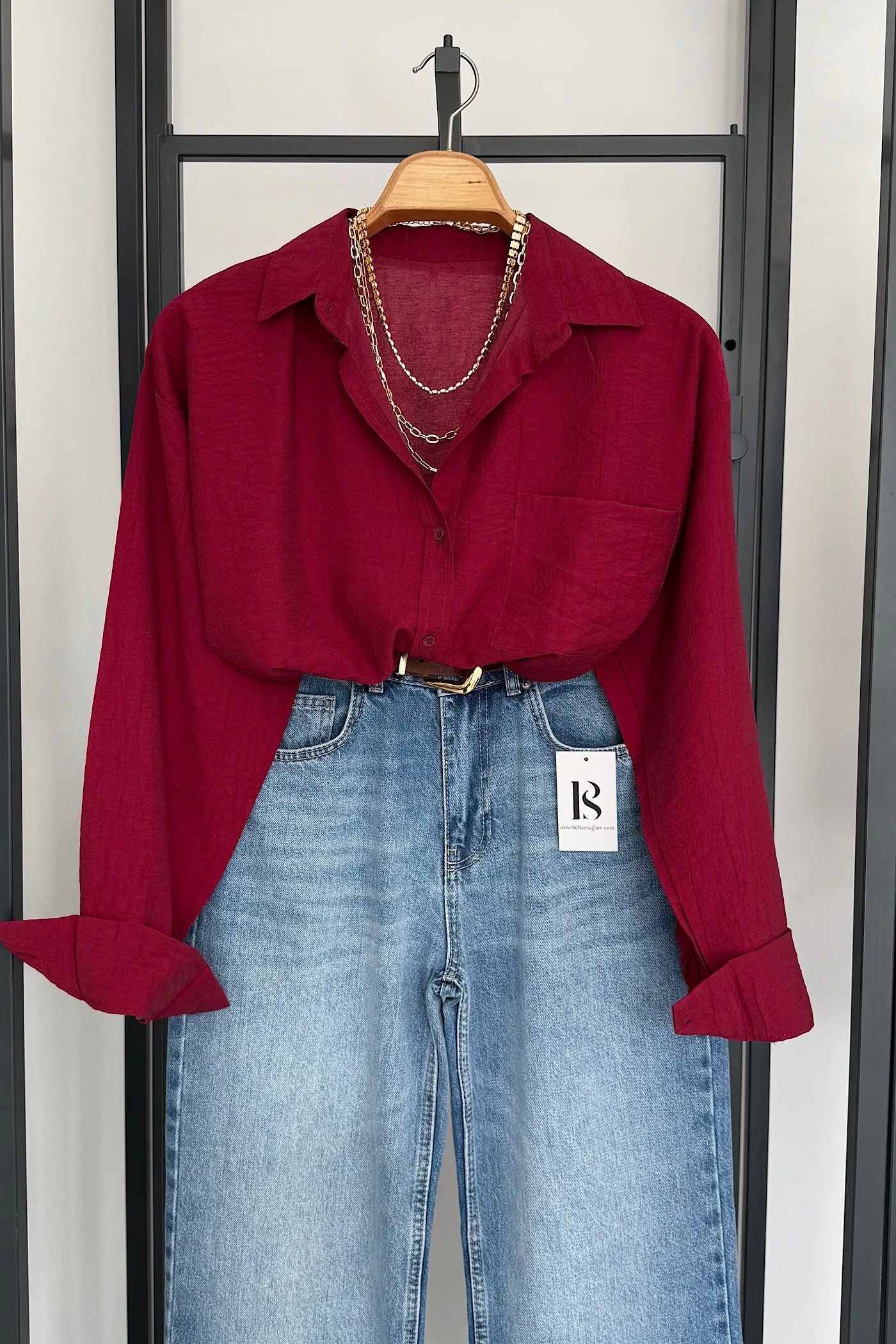 Wrinkle-Textured Shirt Maroon Burgundy