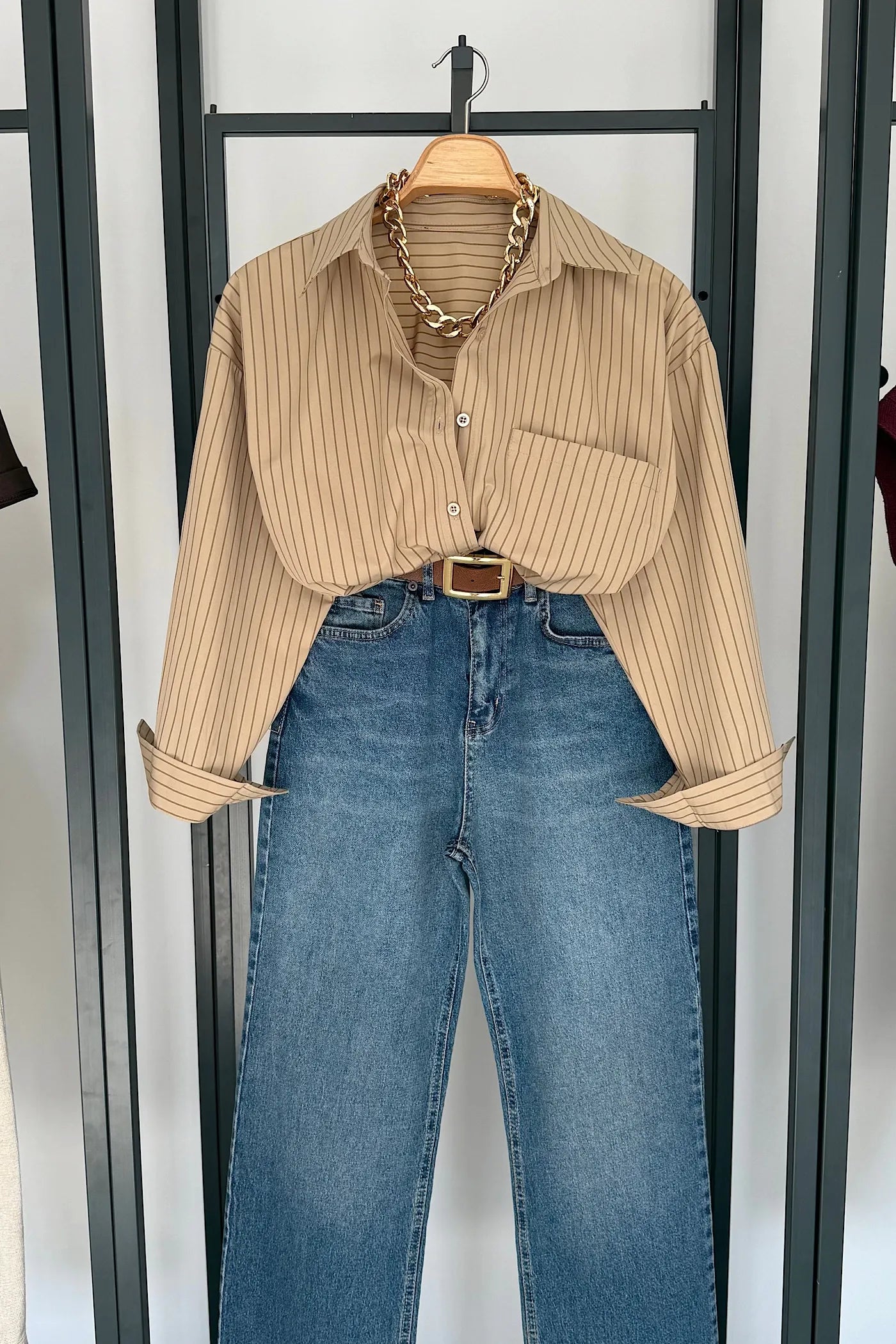 Oversize Striped Shirt Cream Khakhi