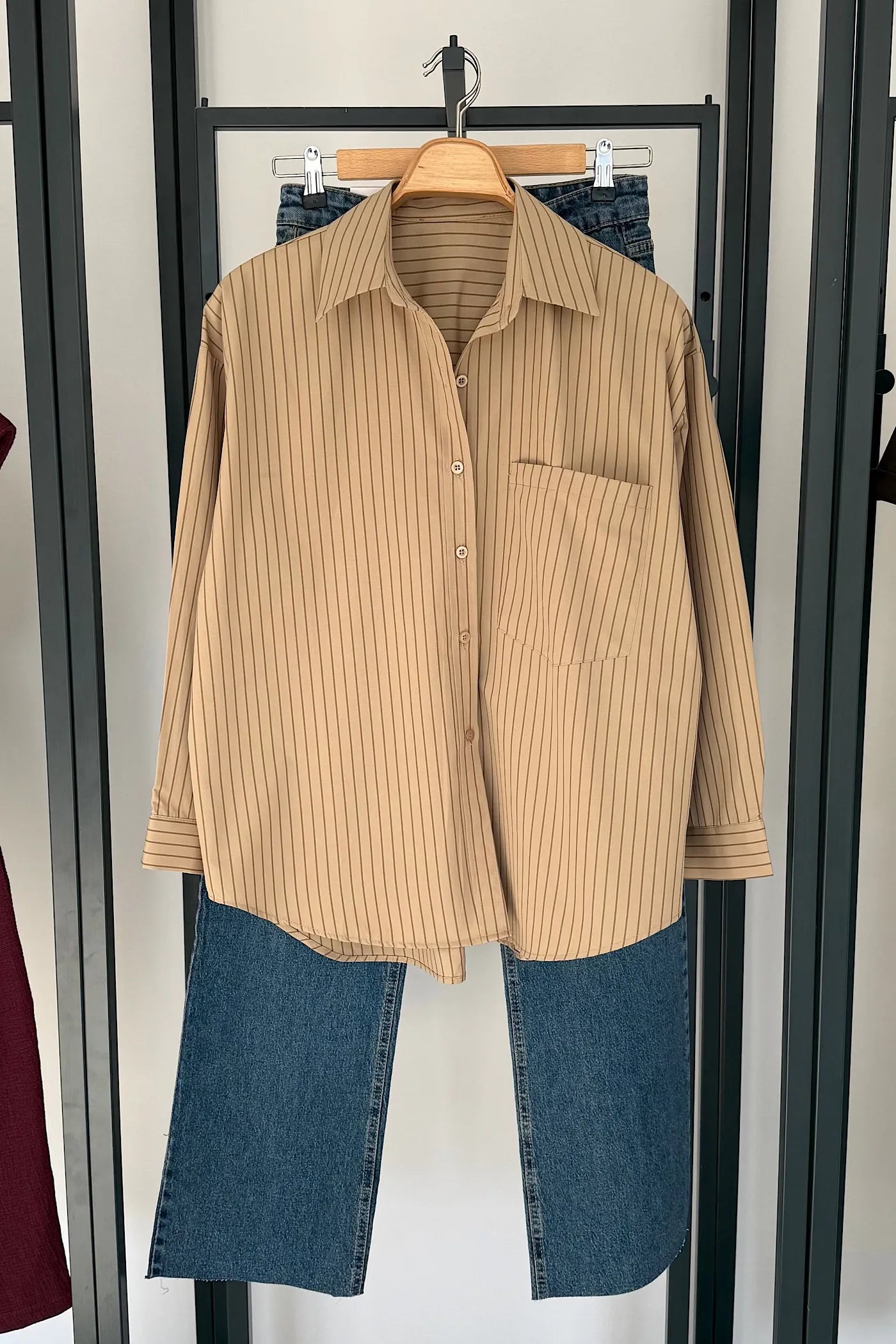 Oversize Striped Shirt Cream Khakhi