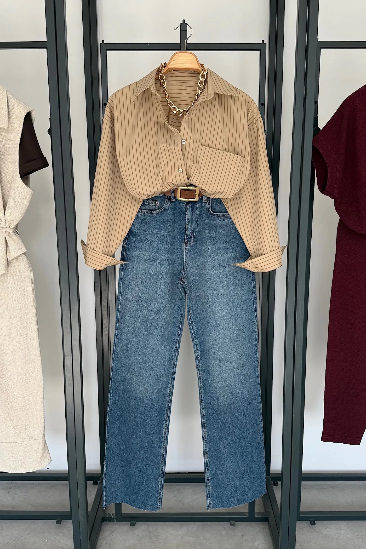 Oversize Striped Shirt Cream Khakhi