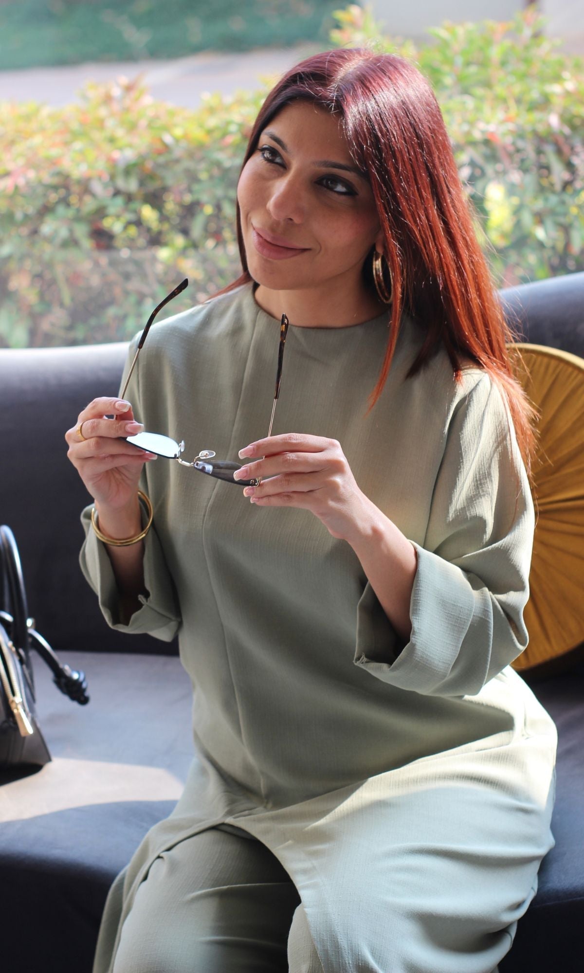 Sage Green High Neck Front Slit Textured Co-ord