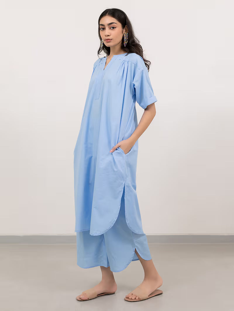 Light Blue Cotton Poplin Kurta with Pants- Set of 2
